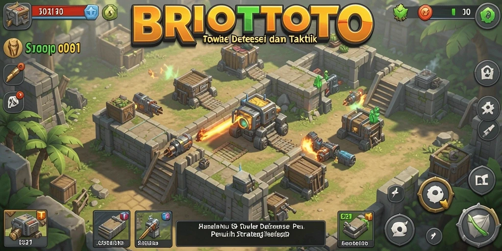 Screenshot BRIOTOTO menampilkan aksi menara dalam pertempuran Tower Defense.