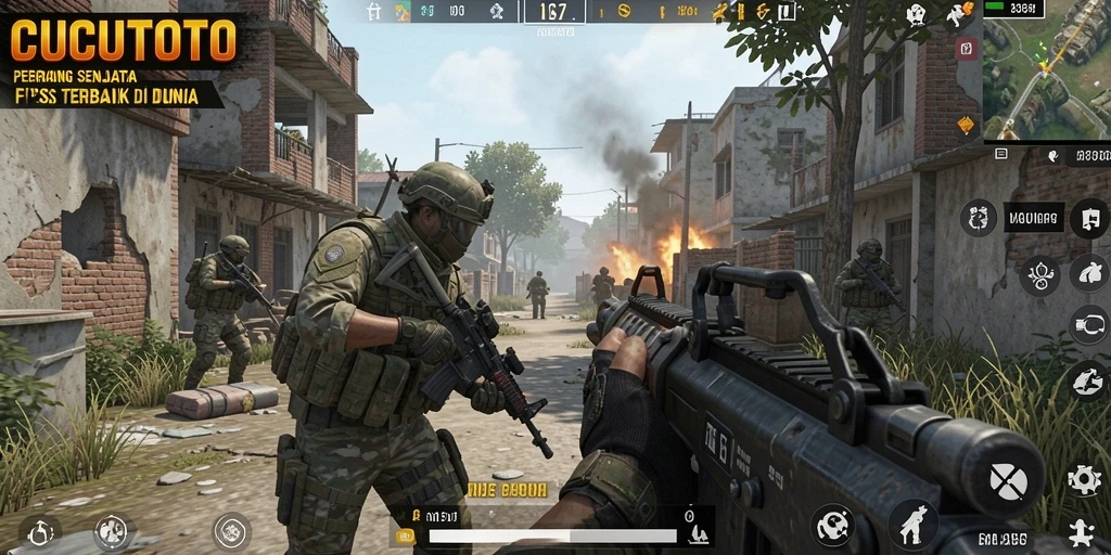 Screenshot dari gameplay intens CUCUTOTO dalam pertempuran FPS.