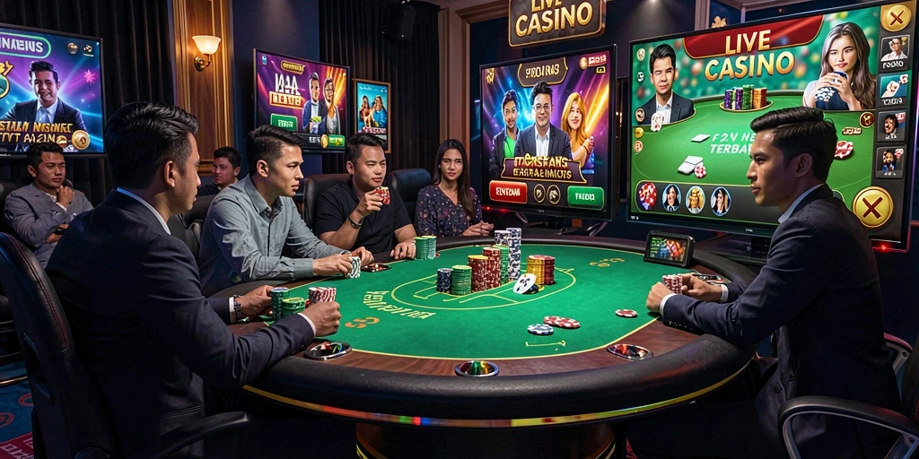Screenshot permainan F32 menampilkan dealer nyata dan suasana kasino hidup.
