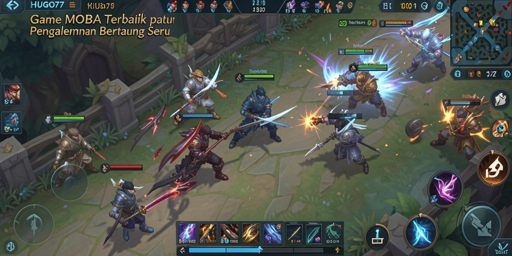 Screenshot HUGO77 menampilkan pertempuran seru antar karakter dalam gameplay MOBA.