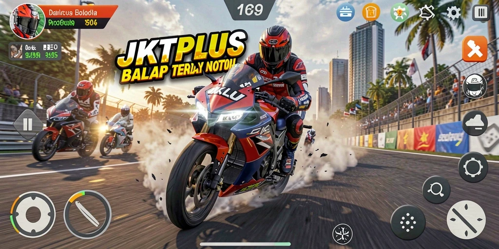 Tangkapan layar utama JKTPLUS menampilkan aksi balap motor yang mendebarkan.