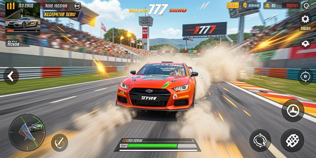 Tampilan gameplay L777 dengan mobil balap di trek.