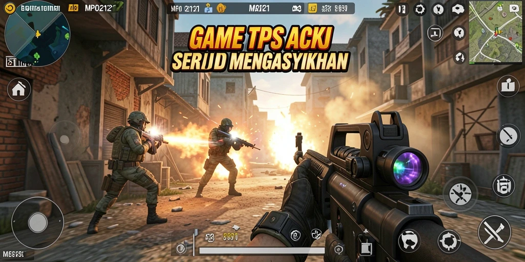 Screenshot utama MPO2121 menampilkan aksi tembak-menembak yang seru.