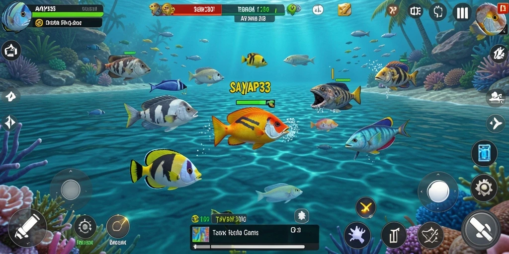 Tampilan gameplay seru di <strong>SAYAP33</strong> dengan ikan beragam dan aksi tembak-menembak.