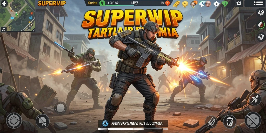 Screenshot gameplay SUPERVIP menampilkan serangan tim dalam arena Battle Royale.