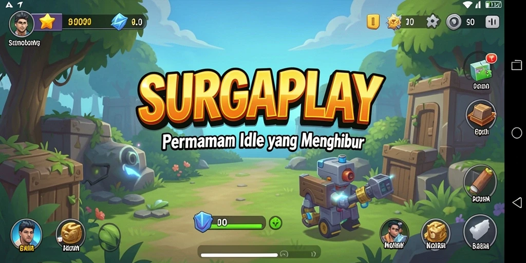 Gameplay SURGAPLAY menampilkan karakter yang mengumpulkan sumber daya secara otomatis.