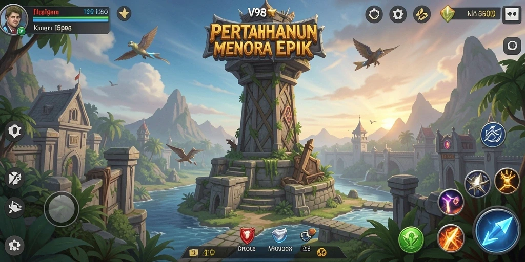 Screenshot menampilkan gameplay V98 yang intens dalam Tower Defense.